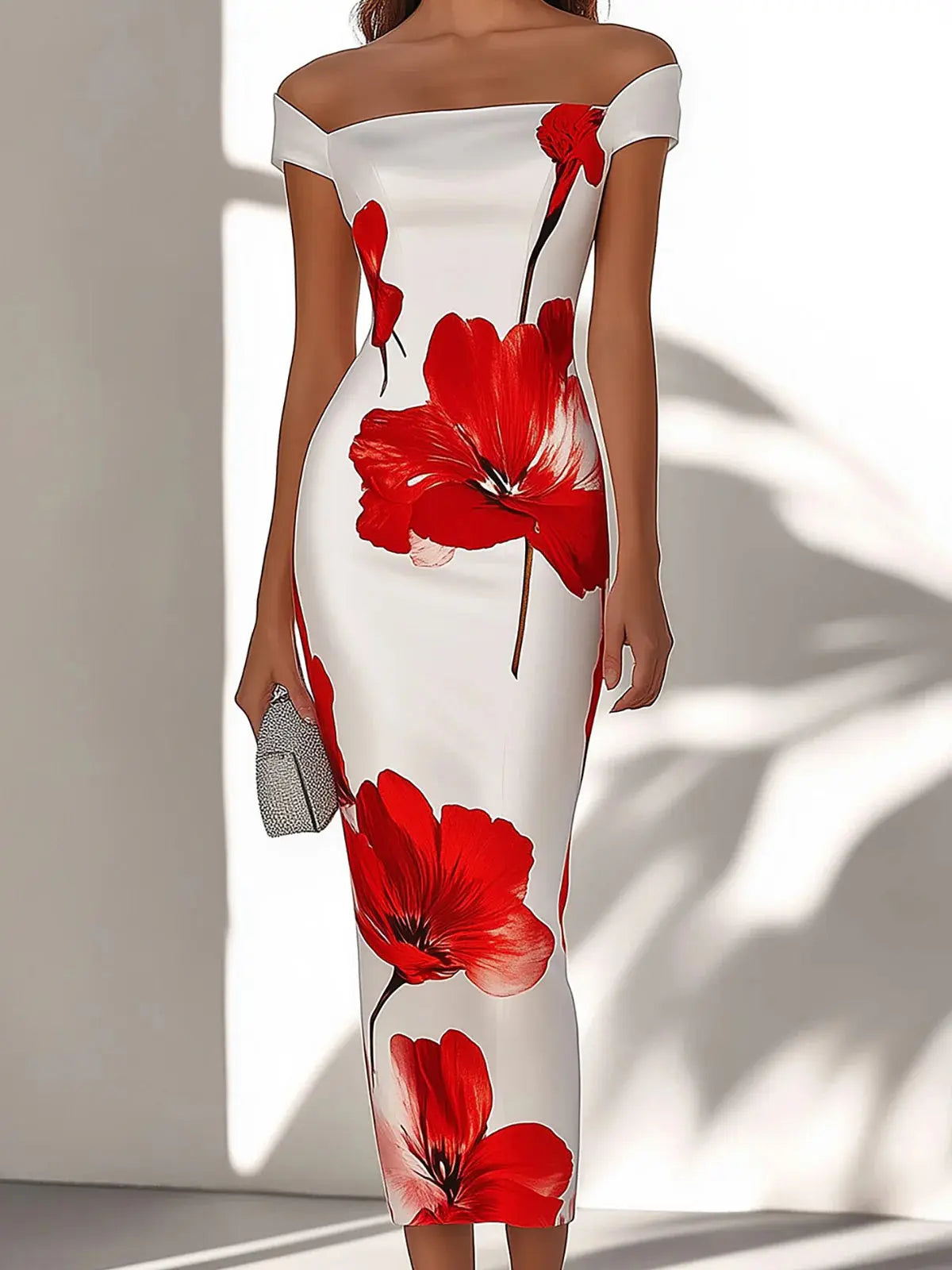 Zarif Beyaz Saten Elbise – Kırmızı Çiçek Baskılı - Decostal