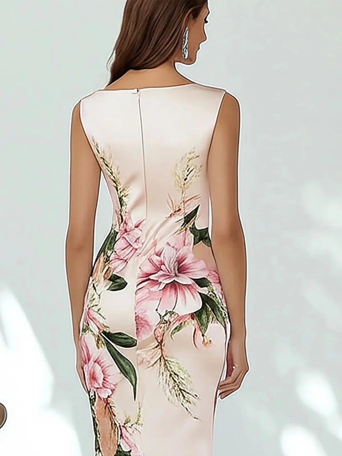 Göz Alıcı Pembe Saten Çiçek Desenli Elbise - Decostal