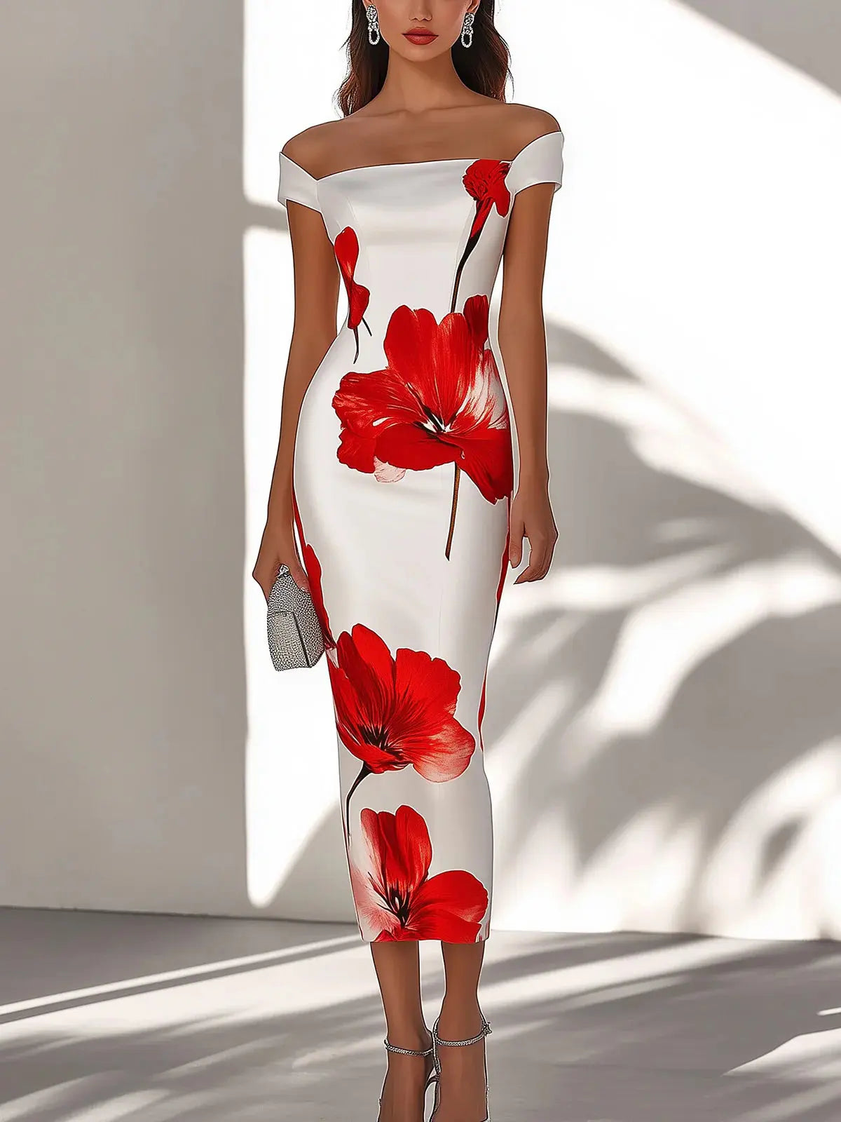 Zarif Beyaz Saten Elbise – Kırmızı Çiçek Baskılı - Decostal